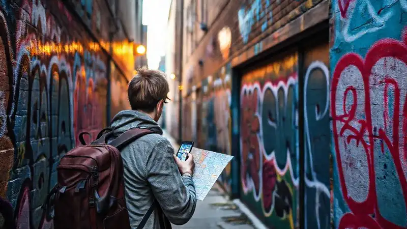 Un mochilero explora arte callejero al anochecer