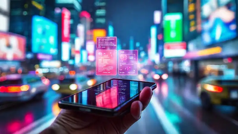Smartphone futurista, colores vibrantes, ritmo veloz